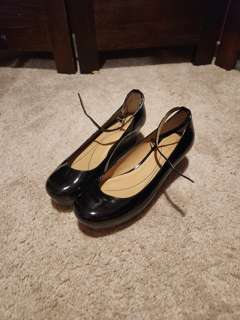 kate spade Black Patent Platform Ballet Flats with Ankle Tie